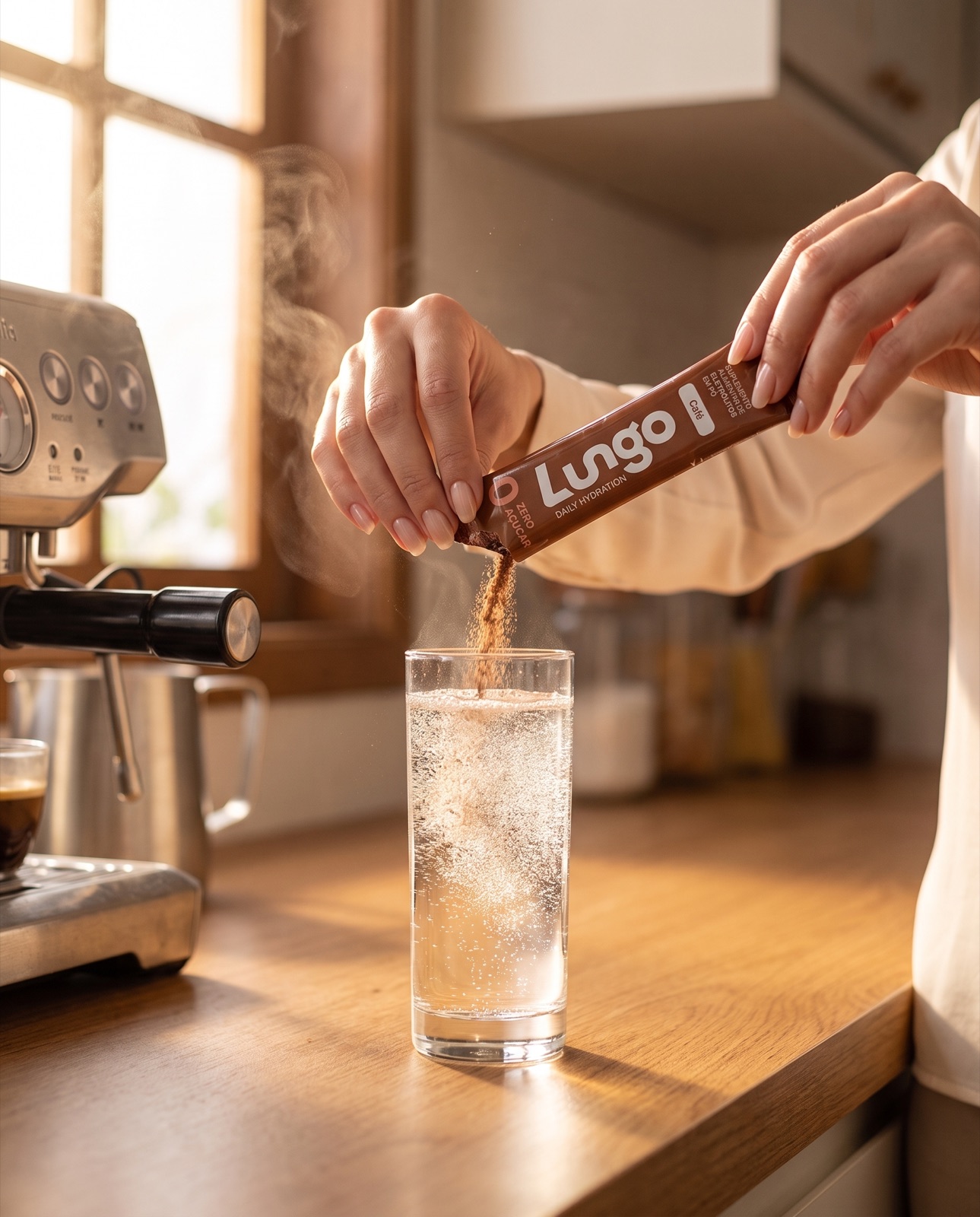 Mãos preparando Lungo café em um copo de água pela manhã